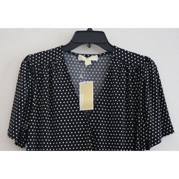Michael Kors Women's Sz L Black/White Polka Dot Surplice Tie Front Blouse $85 - Picture 3 of 7